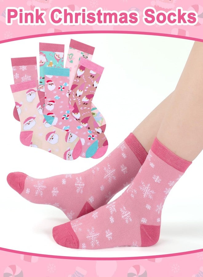 Croloose 6 Pairs Pink Christmas Socks for Women Girls Fun Santa Gnome Nutcracker Snowflake Cotton Xmas Stocking Socks(Crew Style) - Image 4